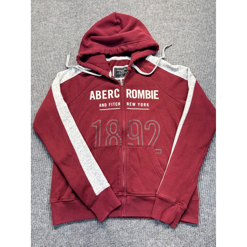 Abercrombie & Fitch Mens XL Full Zip Hoodie Maroon Burgundy Grey 1892 Graphic
